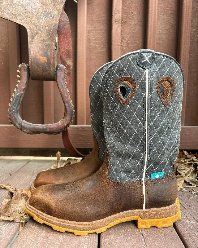 Men's work & safety boots with a moisture - wicking lining for dry feetTwisted X Men's Bomber & Blue Waterproof Nano Toe Cowboy Work Boots MULNW02 Men's work & safety boots with a moisture - wicking lining for dry feetTwisted X Men's Bomber & Blue Waterproof Nano Toe Cowboy Work Boots MULNW02