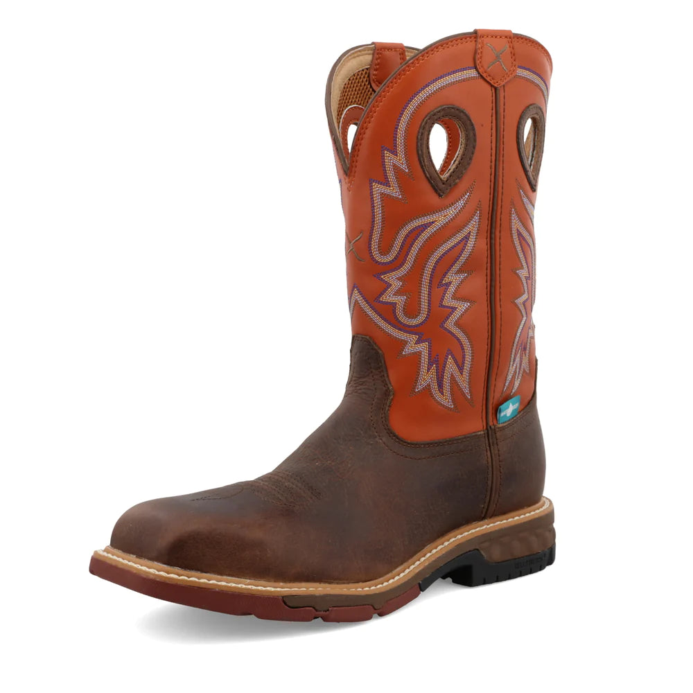 Men's waterproof steel - toe work & safety boots for wet environmentsTwisted X Men's 12" Western Nano Toe Work Boot in Brown & Orange