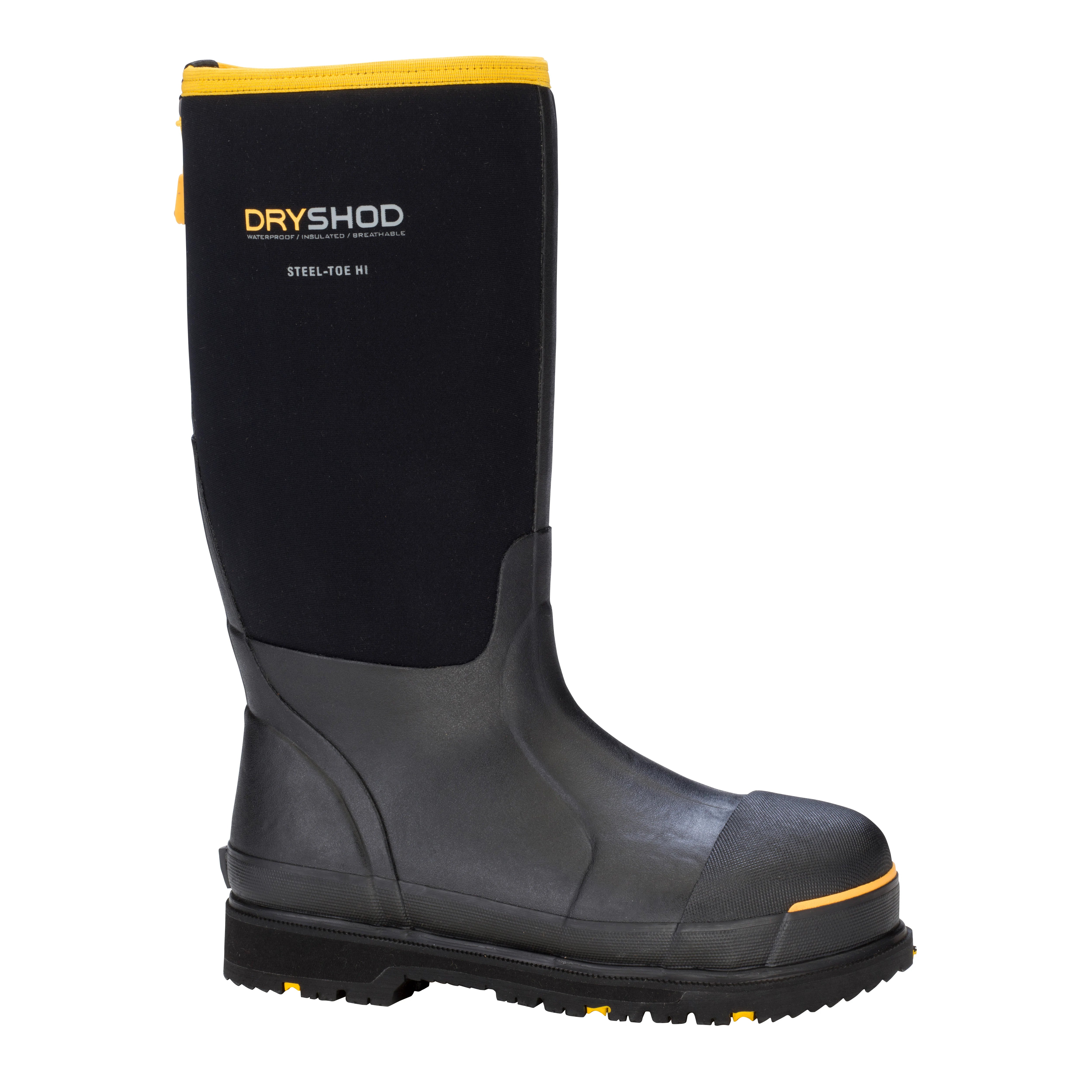 Men's work & safety boots with a gusseted tongue to keep out debrisDryshod Steel-Toe Hi Men's work & safety boots with a gusseted tongue to keep out debrisDryshod Steel-Toe Hi