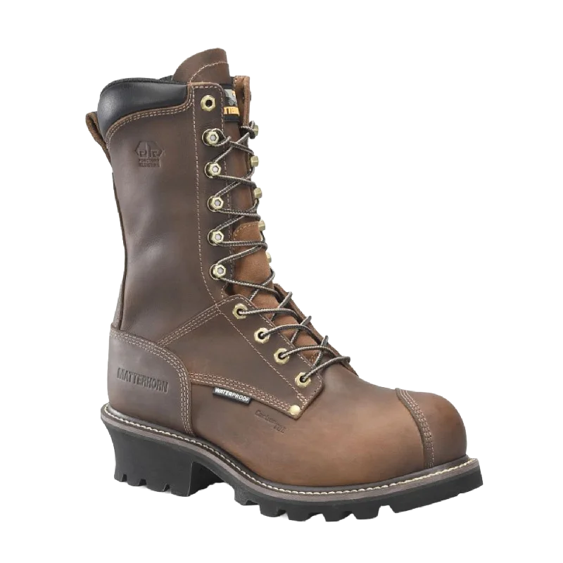 Men's work & safety boots with a gusseted tongue to keep out debrisMatterhorn® Men's Arc 10" Dark Brown Composite Toe Logger Boots MT2510 Men's work & safety boots with a gusseted tongue to keep out debrisMatterhorn® Men's Arc 10" Dark Brown Composite Toe Logger Boots MT2510