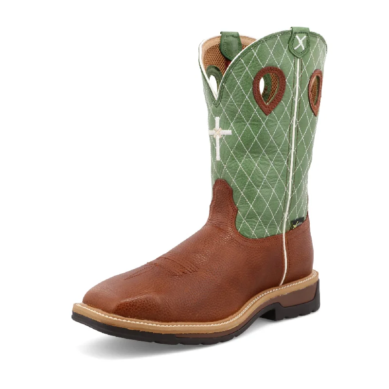 Men's work & safety boots with a flame - resistant upper for firefighting or welding workTwisted X Men's 12" Western Work Boot in Cognac Glazed Pebble and Lime