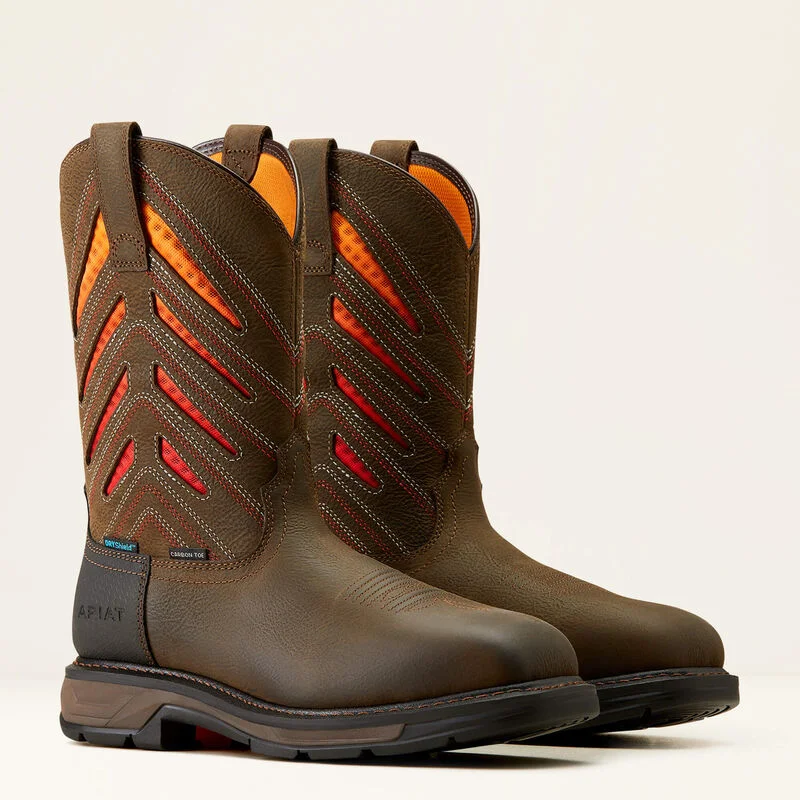 Men's work & safety boots with a breathable waterproof membrane like Gore - TexAriat Men's WorkHog XT VentTEK Waterproof Carbon Toe Work Boot in Iron Coffee/Sunset