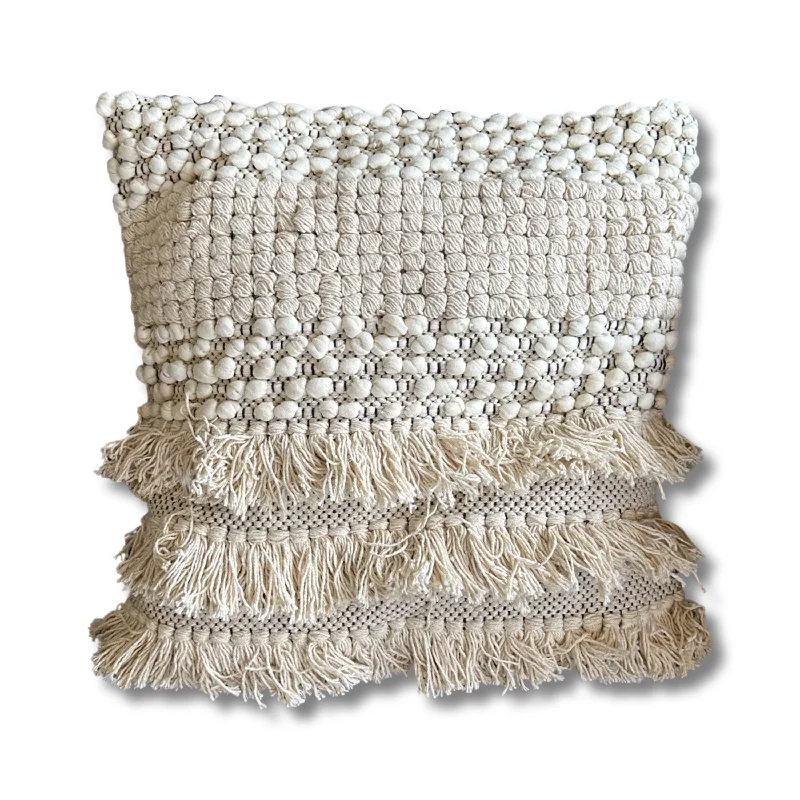 Maxlume ~ 16x16 Beige Boho Cushion, Woven Wool Cover, Plait Detail, Braided Pillow, Comes Filled