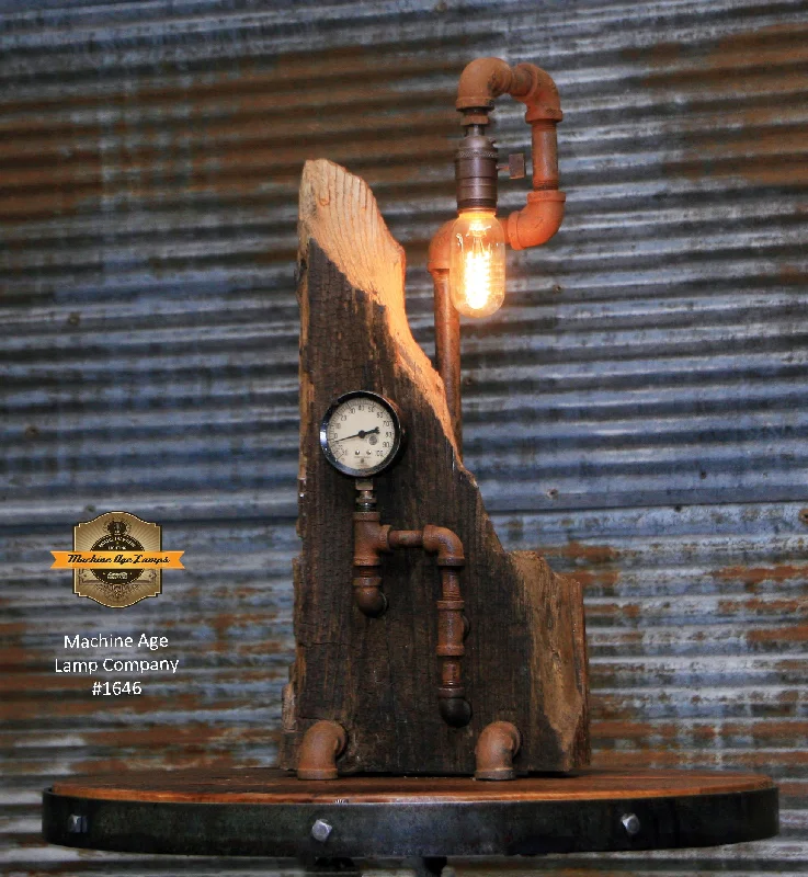 Steampunk Industrial Lamp / Antique barn wood and steam gauge / Lamp #1646