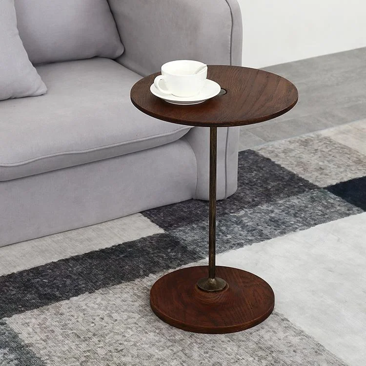 Solid Wood Circular Metal Coffee Side Table