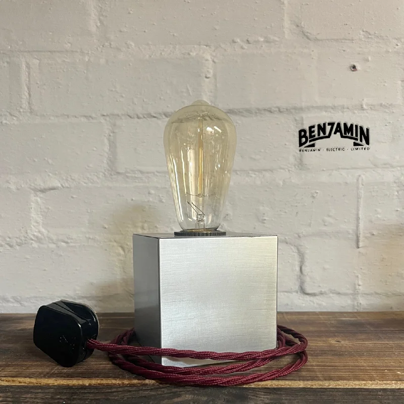 Square Pewter Bedside Lamp | Fabric Cable | Bedroom | Table Light | Vintage Retro 1 x Edison Filament Bulb