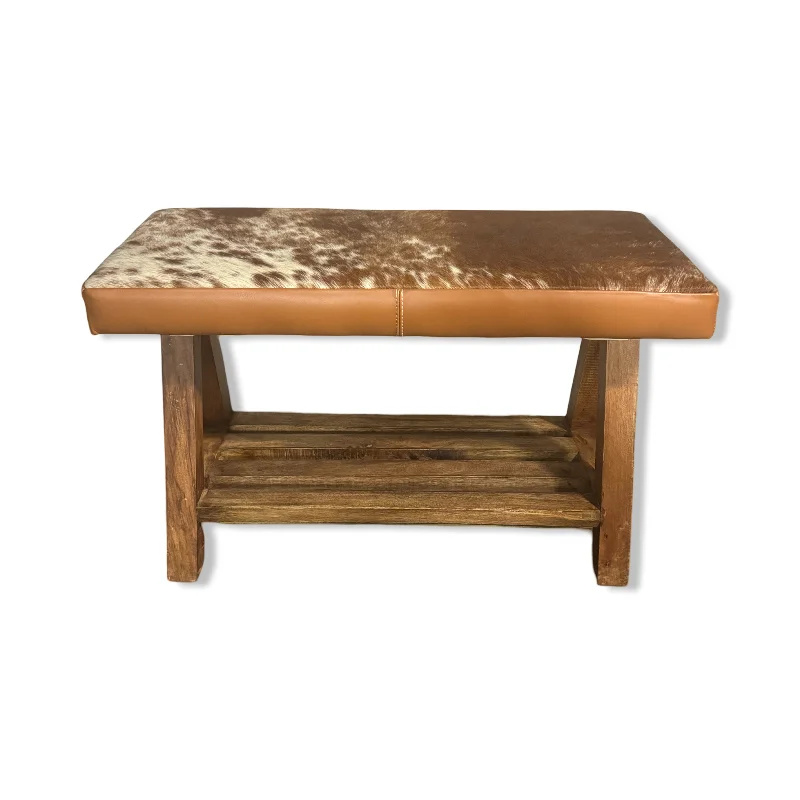 Cow Hide Leather Bench Brown & White Foot Stool Solid Base