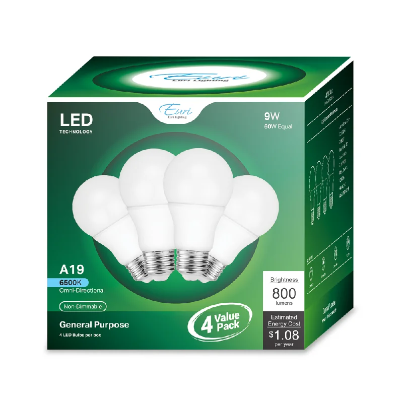 Euri Lighting 4 Pack of LED A19 Light Bulb With E26 Medium Base - 9W - 120V - 800 lumens - 6500K - Not Dimmable