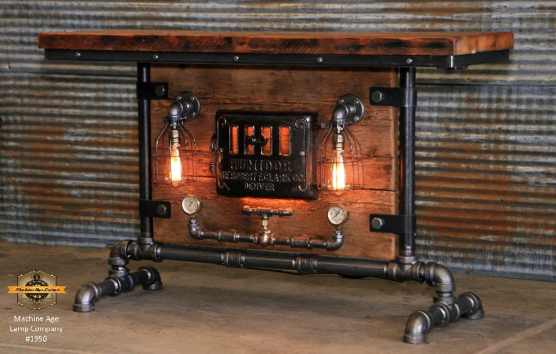 Steampunk Industrial Table / Pub, sofa console / Antique Furnace Door / Barnwood / Table #1950