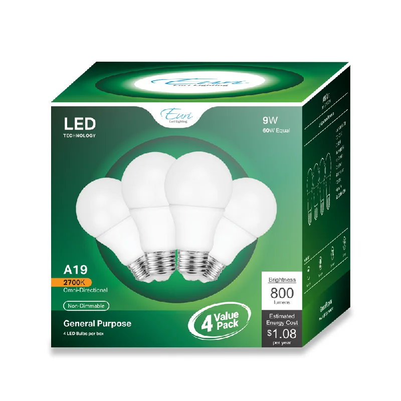 Euri Lighting 4 Pack of LED A19 Light Bulb With E26 Medium Base - 9W - 120V - 800 lumens - 2700K - Not Dimmable