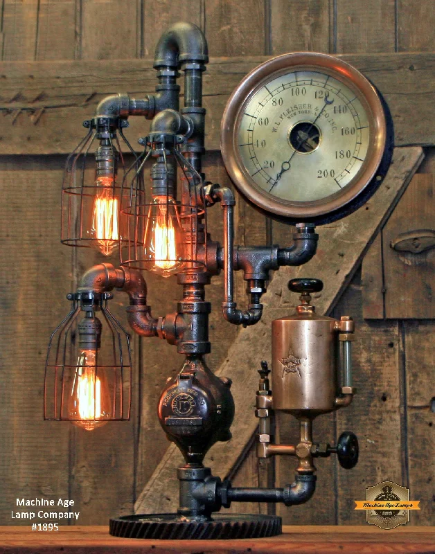 Steampunk Industrial / Antique Steam Gauge and Oiler / Gear / Lamp #1895