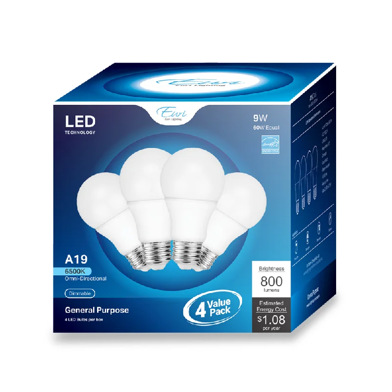 Euri Lighting 4 Pack of LED A19 Light Bulb With E26 Medium Base - 9W - 120V - 800 lumens - 6500K - Dimmable