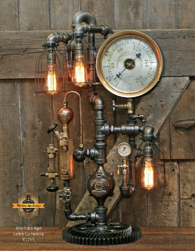 Steampunk Industrial Lamp / Antique Steam Gauge / Brass Oiler / Gear / Racine Wi / Lamp #1755