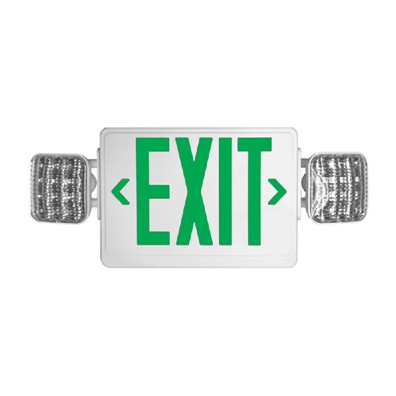 LED Exit Emergency Light Combo Unit - Dual Head With Green Letters - 3.7W - 120-277V