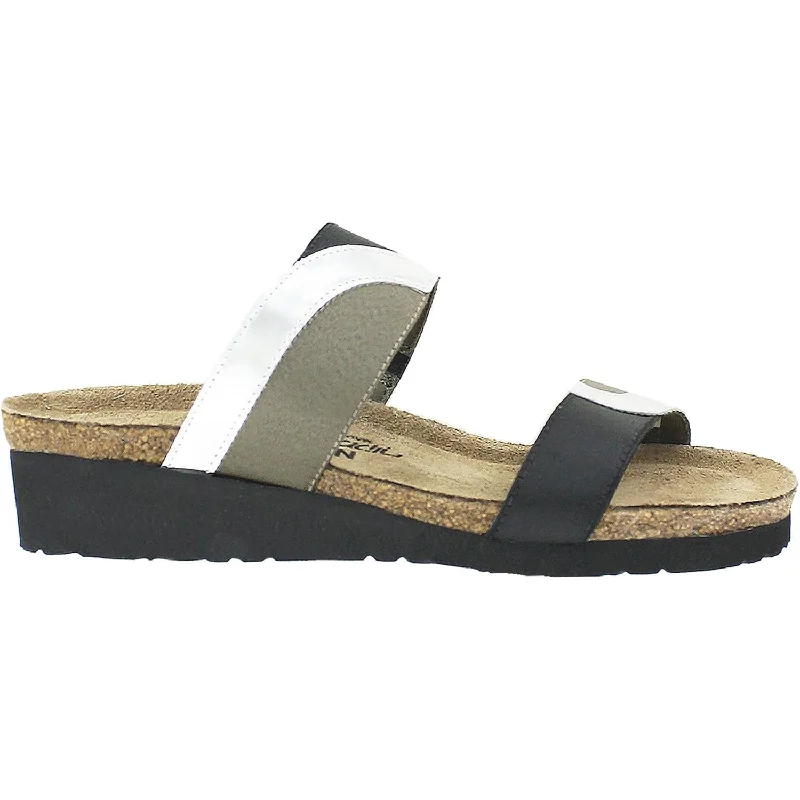 Men's sandals with a cushioned footbedWomen's Naot Frankie Silver/Black/Khaki Leather/Elastic