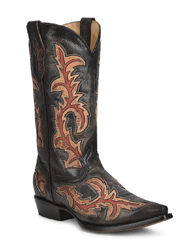 Men's cowboy boots with a leather sole for a classic lookCorral C3883 Mens Inlay And Embroidery Cowboy Boots Black And Red Men's cowboy boots with a leather sole for a classic lookCorral C3883 Mens Inlay And Embroidery Cowboy Boots Black And Red