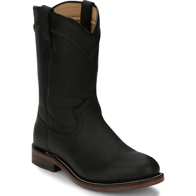 Men's cowboy boots in a dark brown leatherJustin Men's Braswell Black Round Toe Roper Boots RP3741 Men's cowboy boots in a dark brown leatherJustin Men's Braswell Black Round Toe Roper Boots RP3741