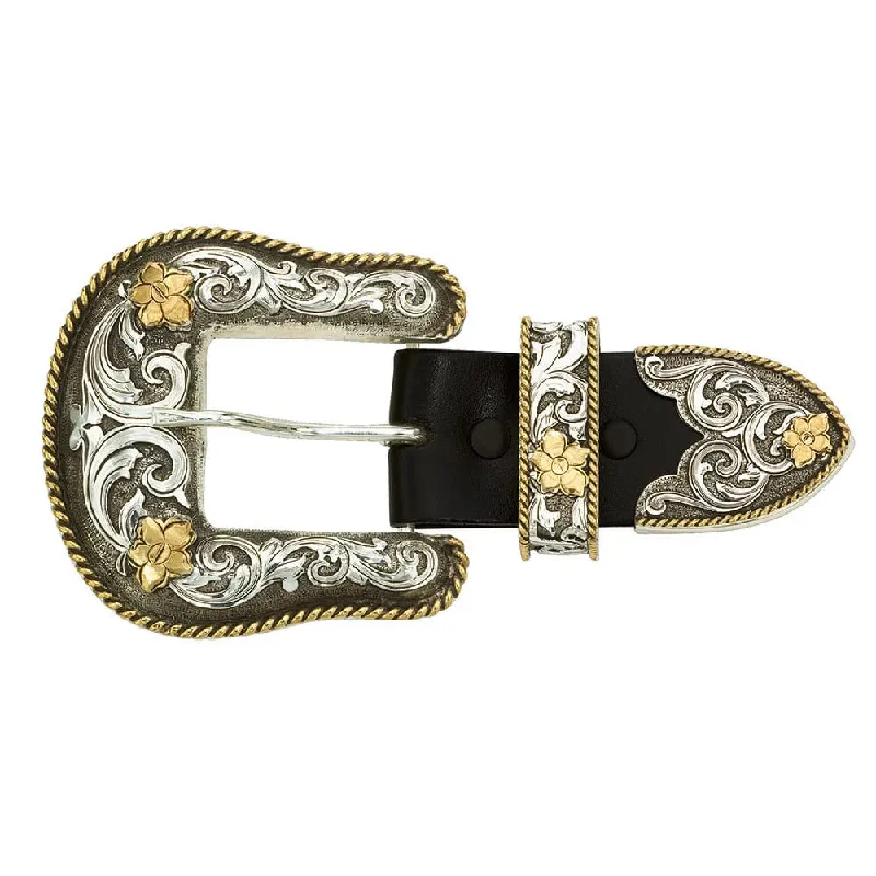 Men's western boots with a decorative concho belt and buckleMontana Silversmiths Antiqued Two Tone Filigree 1.5" 3 Piece Belt Buckle Set Men's western boots with a decorative concho belt and buckleMontana Silversmiths Antiqued Two Tone Filigree 1.5" 3 Piece Belt Buckle Set