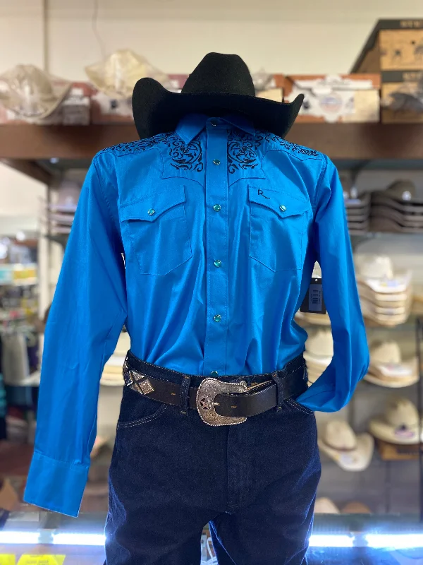 Men's western boots with a high - heeled design and a pointed toeBlue Embroidered Pearl Snap Western Shirt Men's western boots with a high - heeled design and a pointed toeBlue Embroidered Pearl Snap Western Shirt