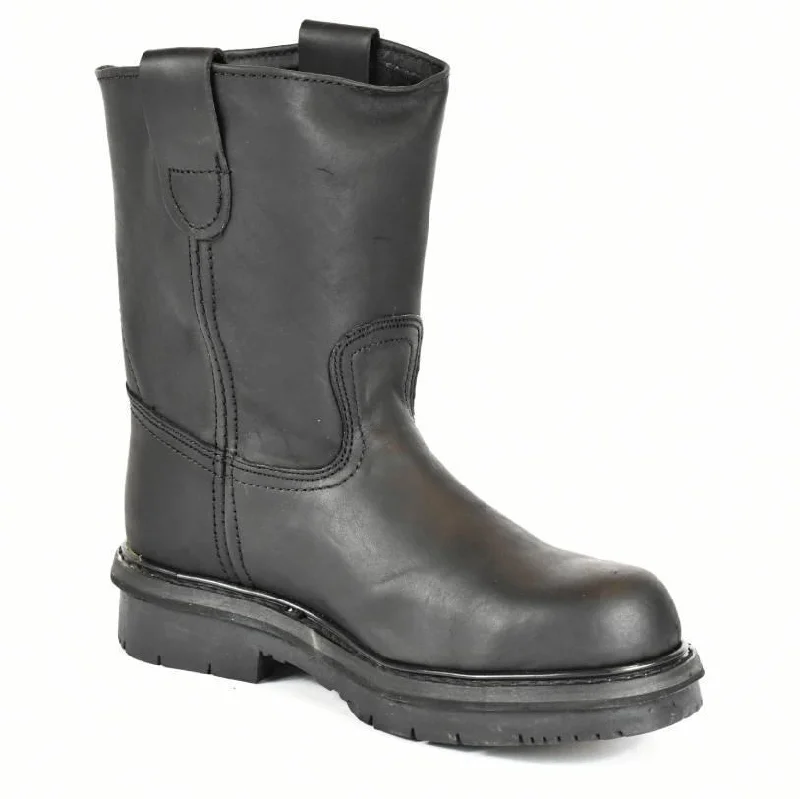 Men's western boots with a scalloped edge and a pull - on strapBlack Leather Soft Toe Pull-On Work Boots -El General Wellington Boots 400112 710-11 Men's western boots with a scalloped edge and a pull - on strapBlack Leather Soft Toe Pull-On Work Boots -El General Wellington Boots 400112 710-11