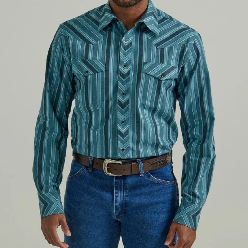 Men's western boots with a leather sole and a heel guardMen's Wrangler Silver Edition Long Sleeve Western Snap Shirt- Blue Stripes Men's western boots with a leather sole and a heel guardMen's Wrangler Silver Edition Long Sleeve Western Snap Shirt- Blue Stripes