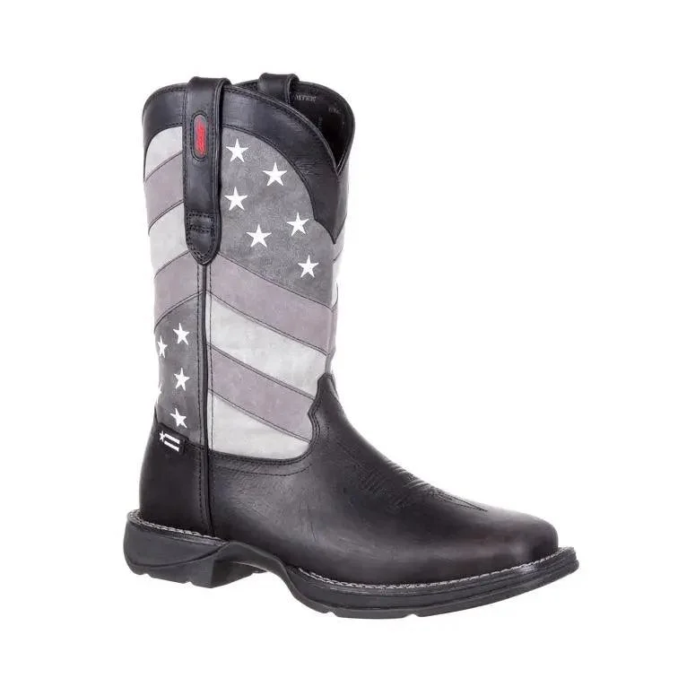Vintage - style men's western boots with a square toe and spur ledgeRebel By Durango Faded Black Flag Western Boot DDB0125 Vintage - style men's western boots with a square toe and spur ledgeRebel By Durango Faded Black Flag Western Boot DDB0125