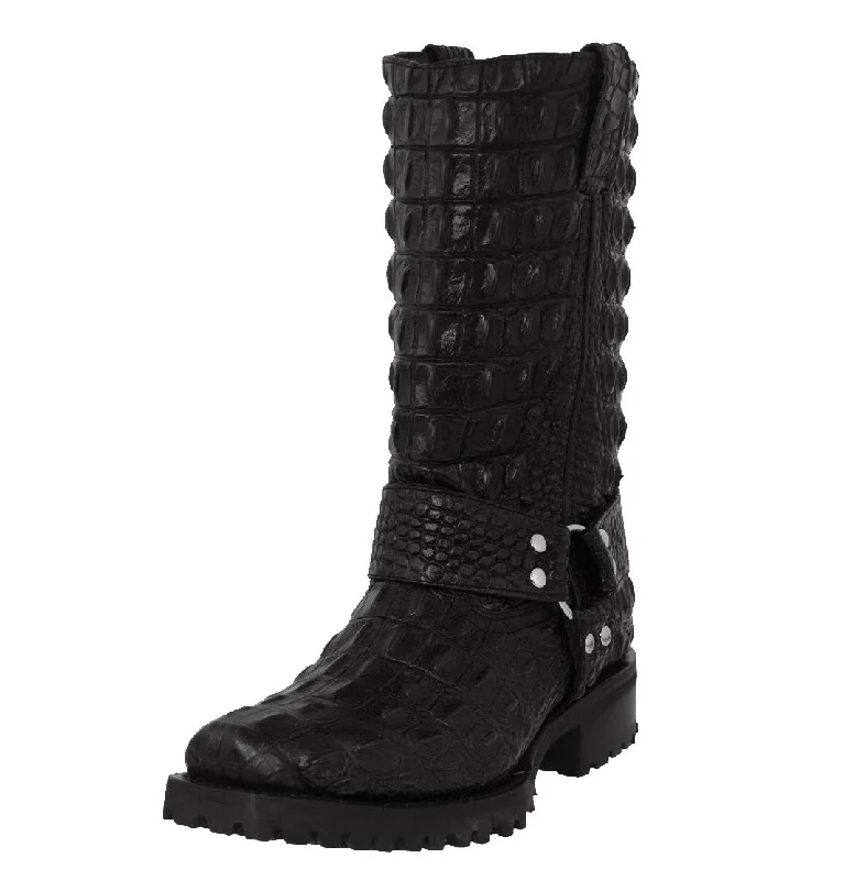 Vintage - style men's cowboy boots with a square toeMens Black Motorcycle Boots Crocodile Back Print - Square Toe Vintage - style men's cowboy boots with a square toeMens Black Motorcycle Boots Crocodile Back Print - Square Toe