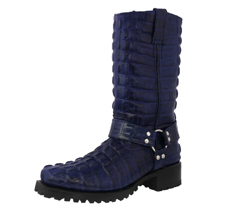 Men's cowboy boots with a leather sole for a classic lookMens Denim Blue Motorcycle Boots Crocodile Tail Print - Square Toe Men's cowboy boots with a leather sole for a classic lookMens Denim Blue Motorcycle Boots Crocodile Tail Print - Square Toe