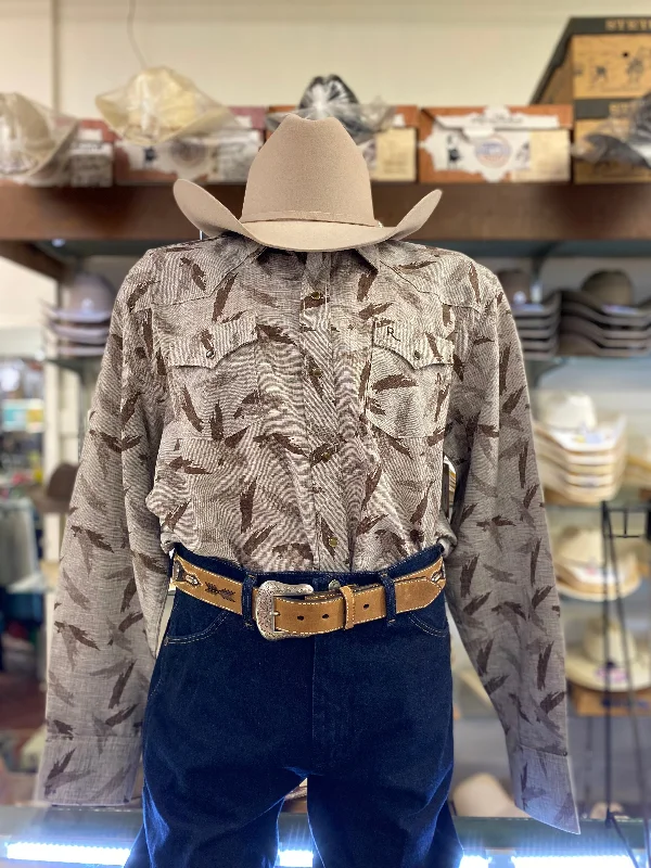Men's western boots with a leather sole and a heel guardGray and Brown Brush Pattern Pearl Snap Western Shirt Men's western boots with a leather sole and a heel guardGray and Brown Brush Pattern Pearl Snap Western Shirt