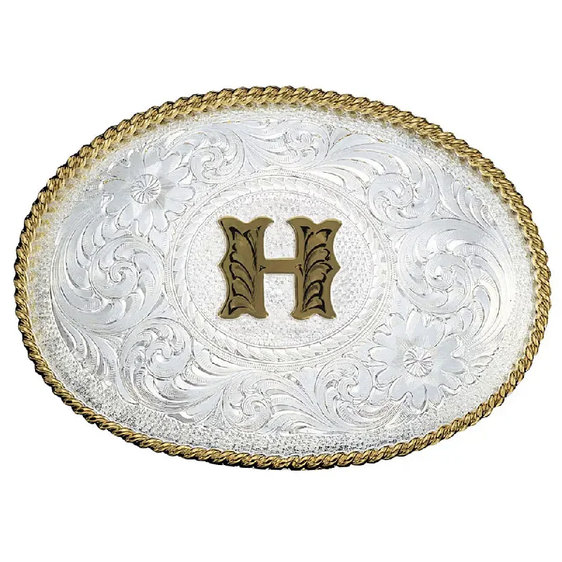 Men's western boots with a high - heeled design and a pointed toeMontana Silversmiths Initial H Silver Engraved Gold Trim Western Buckle Men's western boots with a high - heeled design and a pointed toeMontana Silversmiths Initial H Silver Engraved Gold Trim Western Buckle