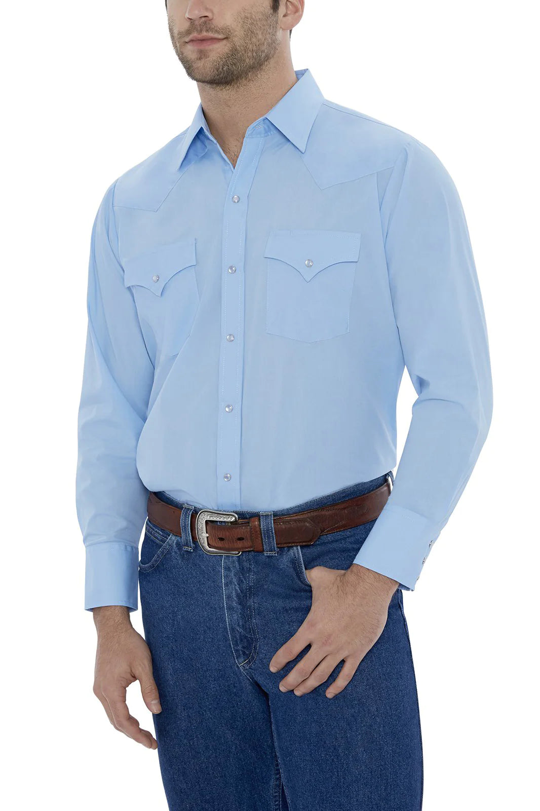 Men's western boots with a high - heeled design and a pointed toeMen's Ely Cattleman Blue Long Sleeve Solid Western Snap Shirt Men's western boots with a high - heeled design and a pointed toeMen's Ely Cattleman Blue Long Sleeve Solid Western Snap Shirt