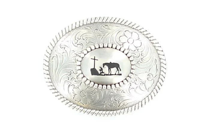 Men's western boots with a silver - toned hardware and accentsOval Cowboy Praying Buckle Men's western boots with a silver - toned hardware and accentsOval Cowboy Praying Buckle