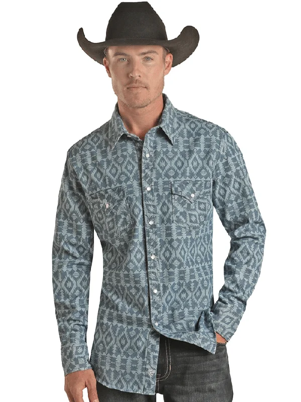 Men's western boots with a high - heeled design and a pointed toeRock & Roll Denim BMN2S02671 Mens Aztec Print Long Sleeve Western Shirt Blue Men's western boots with a high - heeled design and a pointed toeRock & Roll Denim BMN2S02671 Mens Aztec Print Long Sleeve Western Shirt Blue