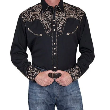Men's western boots in a rich brown or black leatherScully Men's Embroidered Scroll Western Snap Shirt in Black Men's western boots in a rich brown or black leatherScully Men's Embroidered Scroll Western Snap Shirt in Black