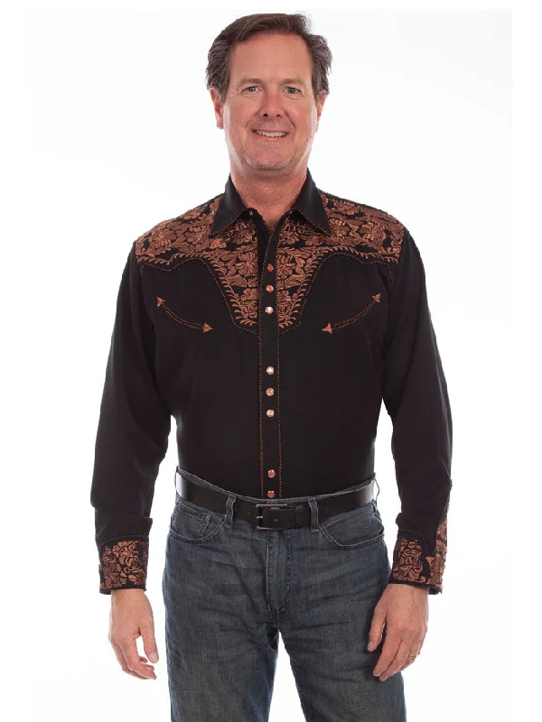 Men's western boots with a leather - wrapped heel and a smooth finishScully P-634-BLK Mens Floral Tooled Embroidered Western Shirt Black Men's western boots with a leather - wrapped heel and a smooth finishScully P-634-BLK Mens Floral Tooled Embroidered Western Shirt Black