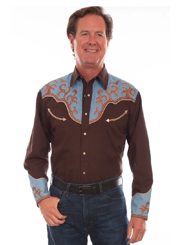 Men's western boots with a concho - studded strap and a pointed toeScully P-913-BRN Mens Embroidered Western Shirt Brown - D Men's western boots with a concho - studded strap and a pointed toeScully P-913-BRN Mens Embroidered Western Shirt Brown - D