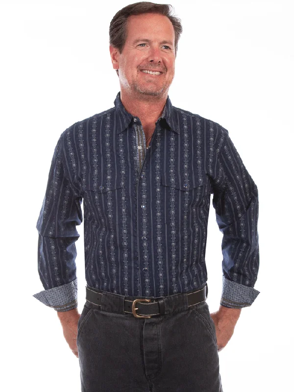 Men's western boots with a traditional western boot silhouette and a polished shineScully PS-093-NAV Mens Skull Stripe Western Shirt Navy Men's western boots with a traditional western boot silhouette and a polished shineScully PS-093-NAV Mens Skull Stripe Western Shirt Navy
