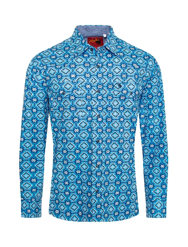 Men's western boots with a silver - toned hardware and accentsSHADES OF BLUE TRIBAL PRINT WESTERN SHIRT Men's western boots with a silver - toned hardware and accentsSHADES OF BLUE TRIBAL PRINT WESTERN SHIRT