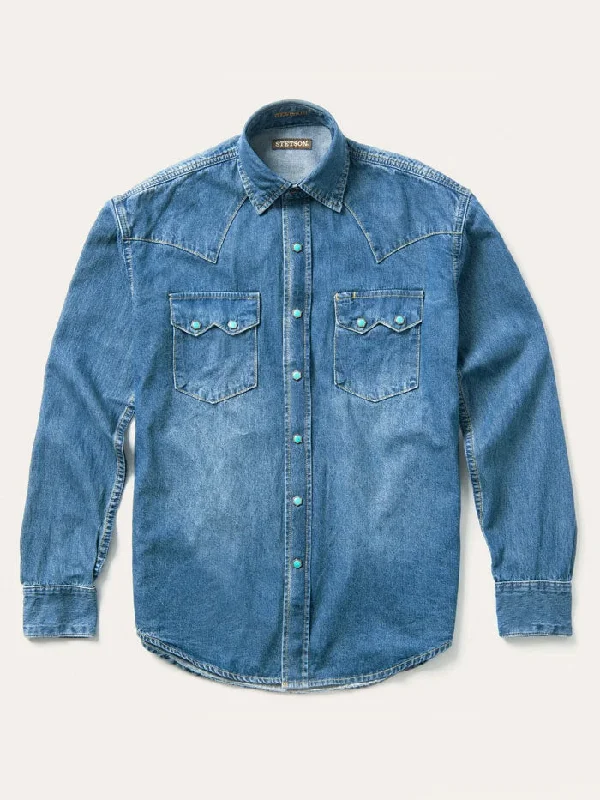 Men's western boots with a concho - studded strap and a pointed toeStetson 11-001-0465-0031 Mens Turquoise Snap Western Denim Shirt Blue Men's western boots with a concho - studded strap and a pointed toeStetson 11-001-0465-0031 Mens Turquoise Snap Western Denim Shirt Blue