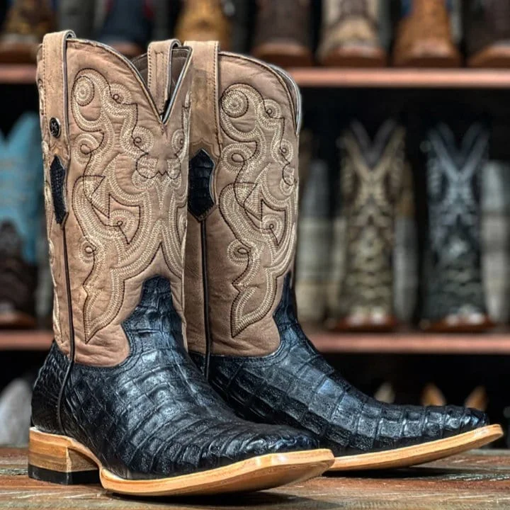 Men's western boots with a leather - wrapped heel and a smooth finishTanner Mark Men's Genuine Caiman Belly Square Toe Boots Black TMX208040 Men's western boots with a leather - wrapped heel and a smooth finishTanner Mark Men's Genuine Caiman Belly Square Toe Boots Black TMX208040