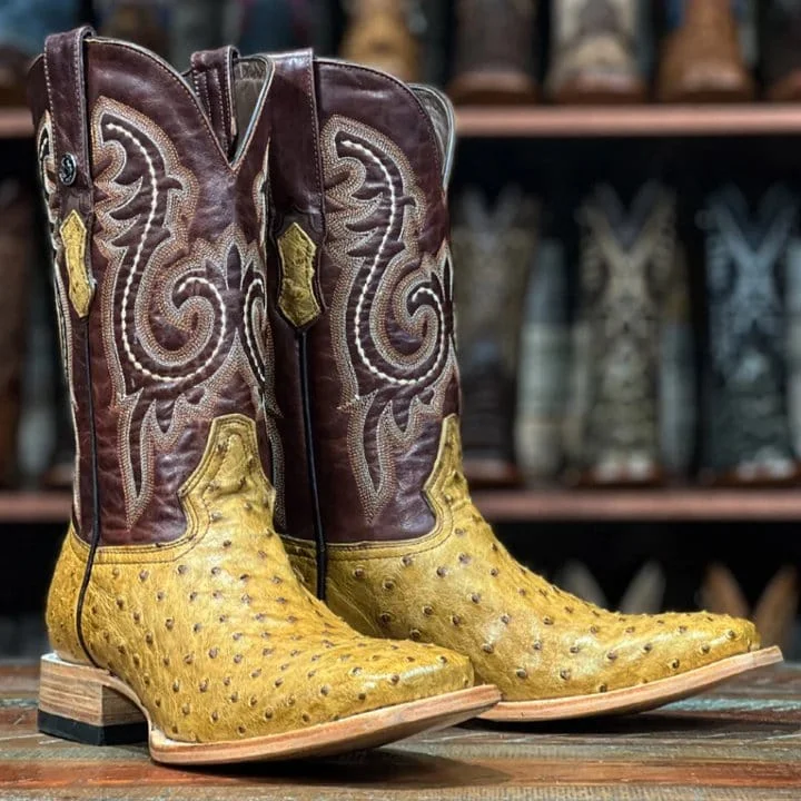 Vintage - style men's western boots with a square toe and spur ledgeTanner Mark Men's Genuine Full Quill Ostrich Square Toe Boots Antique Saddle TMX208025 Vintage - style men's western boots with a square toe and spur ledgeTanner Mark Men's Genuine Full Quill Ostrich Square Toe Boots Antique Saddle TMX208025