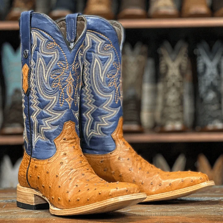 Men's genuine leather western boots with a snake - skin inlayTanner Mark Men's Genuine Full Quill Ostrich Square Toe Boots Brandy TMX208023 Men's genuine leather western boots with a snake - skin inlayTanner Mark Men's Genuine Full Quill Ostrich Square Toe Boots Brandy TMX208023