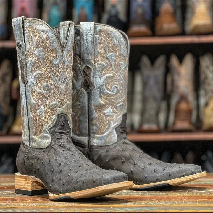 Men's western boots with a high - heeled design and a pointed toeTanner Mark Men's Genuine Full Quill Ostrich Square Toe Boots Dark Brown TMX208033 Men's western boots with a high - heeled design and a pointed toeTanner Mark Men's Genuine Full Quill Ostrich Square Toe Boots Dark Brown TMX208033