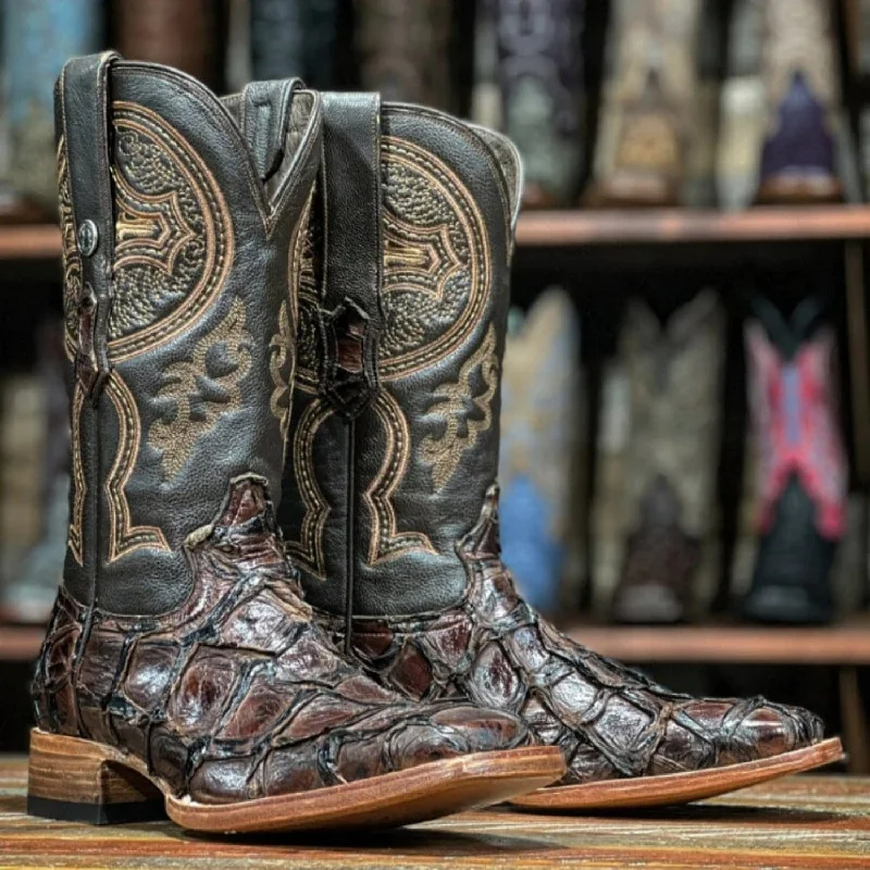 Men's western boots with a tooled leather design on the shaftTanner Mark Men's Genuine Monster Fish Leather Square Toe Boots Brown TMX201307 Men's western boots with a tooled leather design on the shaftTanner Mark Men's Genuine Monster Fish Leather Square Toe Boots Brown TMX201307