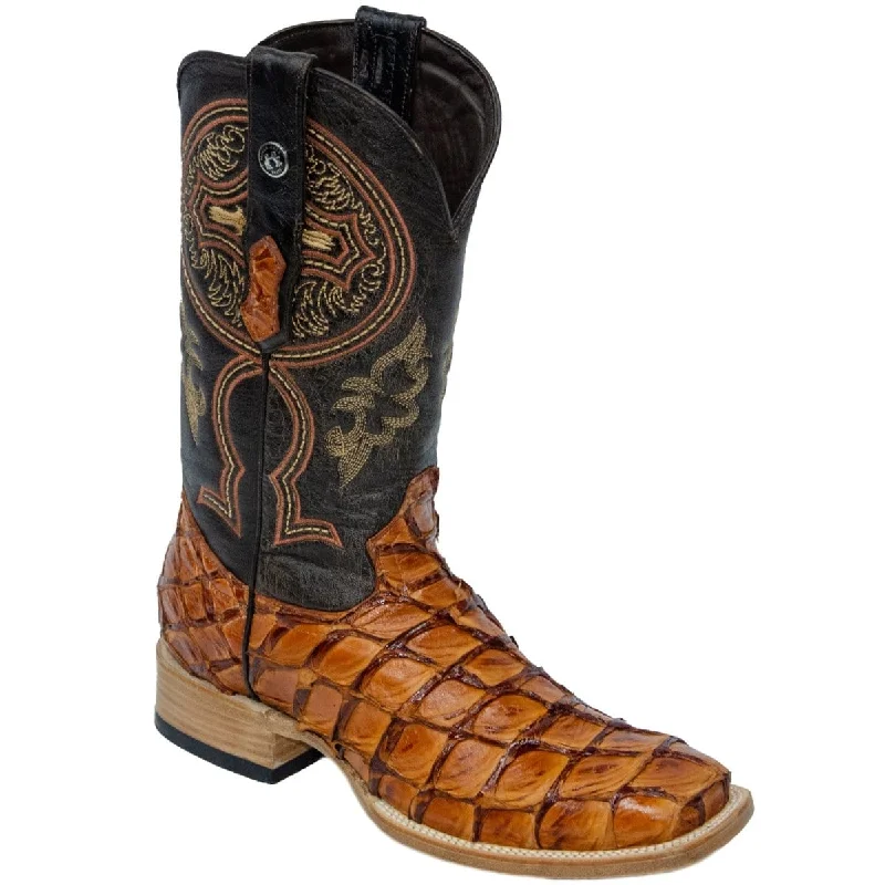 Men's western boots with a concho - studded strap and a pointed toeTanner Mark Men's Genuine Monster Fish Leather Square Toe Boots Cognac TMX201306 Men's western boots with a concho - studded strap and a pointed toeTanner Mark Men's Genuine Monster Fish Leather Square Toe Boots Cognac TMX201306