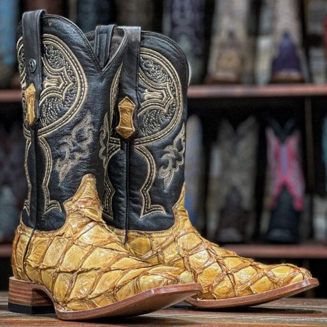Men's western boots with a tooled leather design on the shaftTanner Mark Men's Genuine Monster Fish Square Toe Boots Oryx TMX201310 Men's western boots with a tooled leather design on the shaftTanner Mark Men's Genuine Monster Fish Square Toe Boots Oryx TMX201310