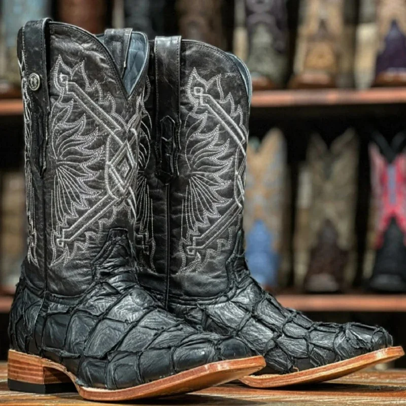 Men's western boots with a rubber sole for traction on various surfacesTanner Mark Men's Genuine Monster Leather Fish Square Toe Boots Black TMX208004 Men's western boots with a rubber sole for traction on various surfacesTanner Mark Men's Genuine Monster Leather Fish Square Toe Boots Black TMX208004