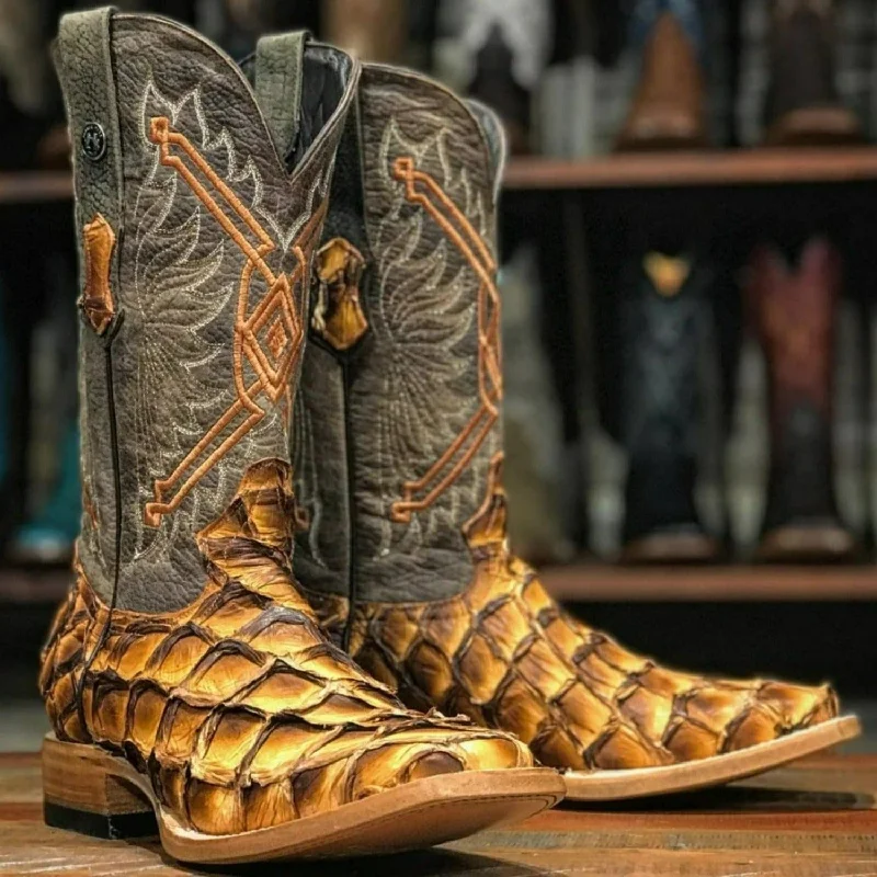 Men's western boots with a leather - wrapped heel and a smooth finishTanner Mark Men's Genuine Monster Leather Fish Square Toe Boots Brandy TMX208019 Men's western boots with a leather - wrapped heel and a smooth finishTanner Mark Men's Genuine Monster Leather Fish Square Toe Boots Brandy TMX208019