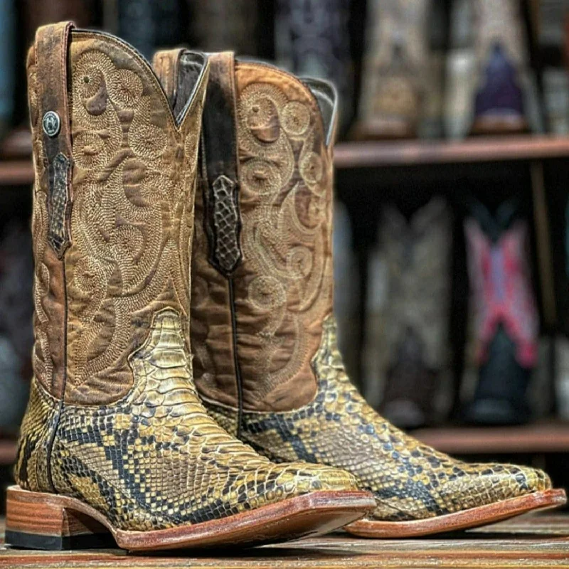Men's western boots with a traditional western boot silhouette and a polished shineTanner Mark Men's Genuine Python Square Toe Boots Antique Saddle TMX200422 Men's western boots with a traditional western boot silhouette and a polished shineTanner Mark Men's Genuine Python Square Toe Boots Antique Saddle TMX200422