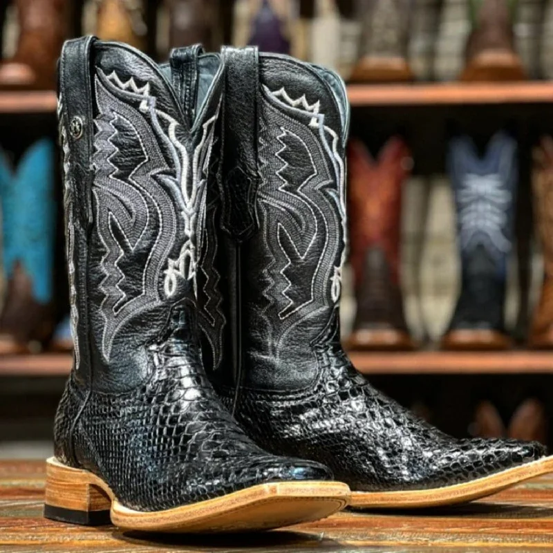 Western - style men's boots with intricate tooling and stitchingTanner Mark Men's Genuine Python Square Toe Boots Black TMX200430 Western - style men's boots with intricate tooling and stitchingTanner Mark Men's Genuine Python Square Toe Boots Black TMX200430